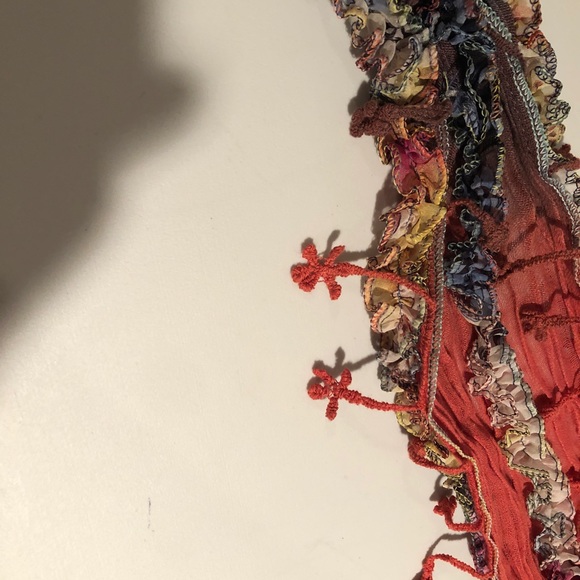 BOHO handmade scarf. Multi colored twist with fringed tassels/knots ruffles NWOT - Picture 10 of 11